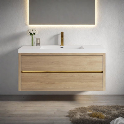 Meuble-lavabo mural 48 po avec lavabo, armoire flottante, comptoir en résine de pierre, tiroirs à fermeture en douceur 48 po
