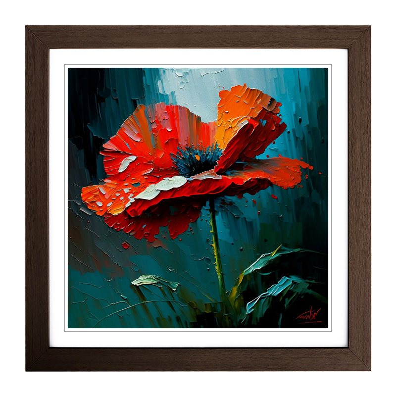 Poppy Flower Palette Knife - Single Picture Frame Print on Wood, Oak