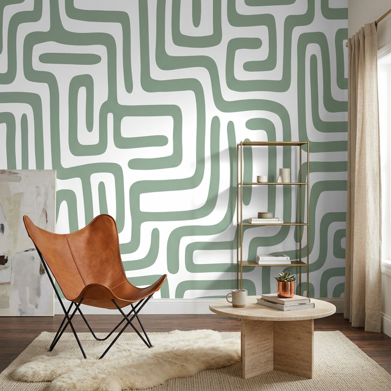 Papier peint blanc avec motif abstrait moderne Mid Century, Non-Woven Nonpasted, 120 po x 96 po