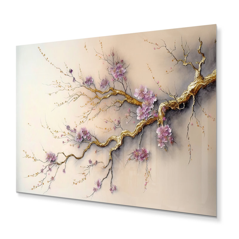 Décoration murale moderne en métal rose et prune cerisier en fleurs V, H 16 po x l 32 po