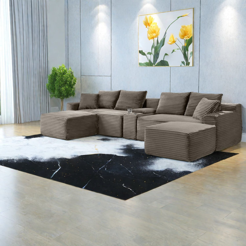 Modular Sectionals With Cup Holder, Corduroy U-shaped Couch, Brown For Family Living