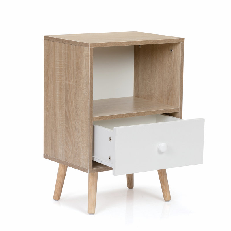 Natural and White Particleboard Pinewood Mid-Century Nightstand Set of 2