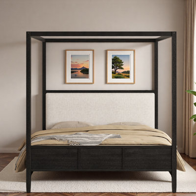 Wooden Canopy Platform Bed With Upholstery Headboard