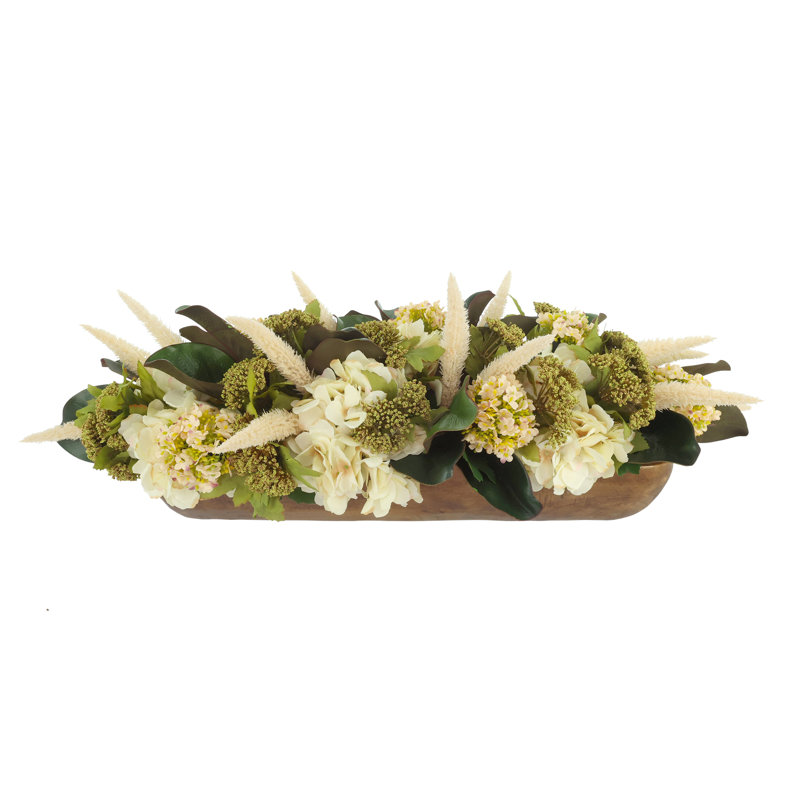 Hydrangea and Foxtail Grass Fall Centerpiece in a Wood Planter