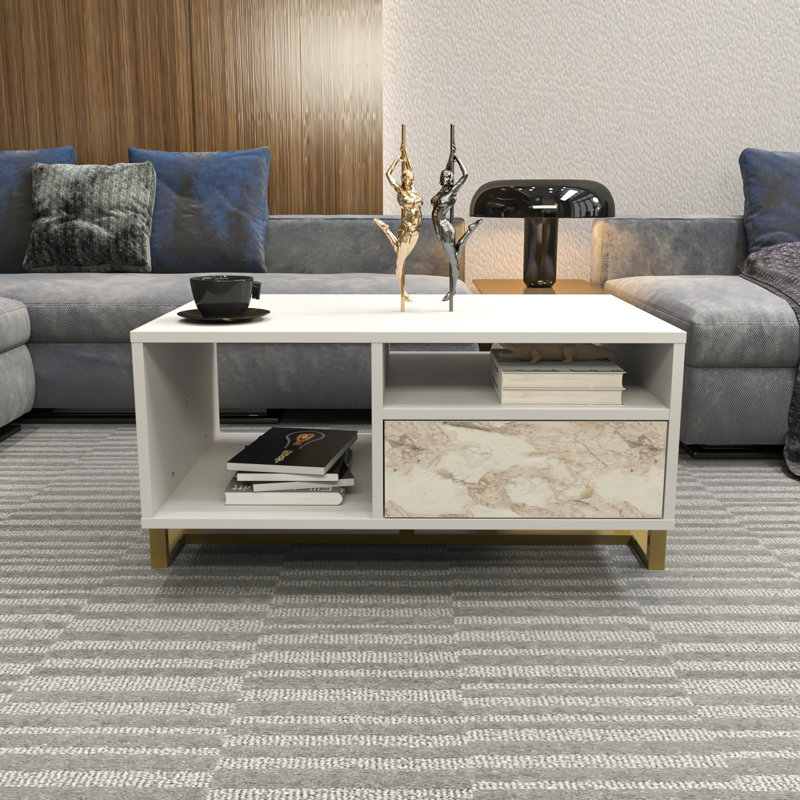 Medon 90cm W Coffee Table, White Top/White Marble Effect Cabinet