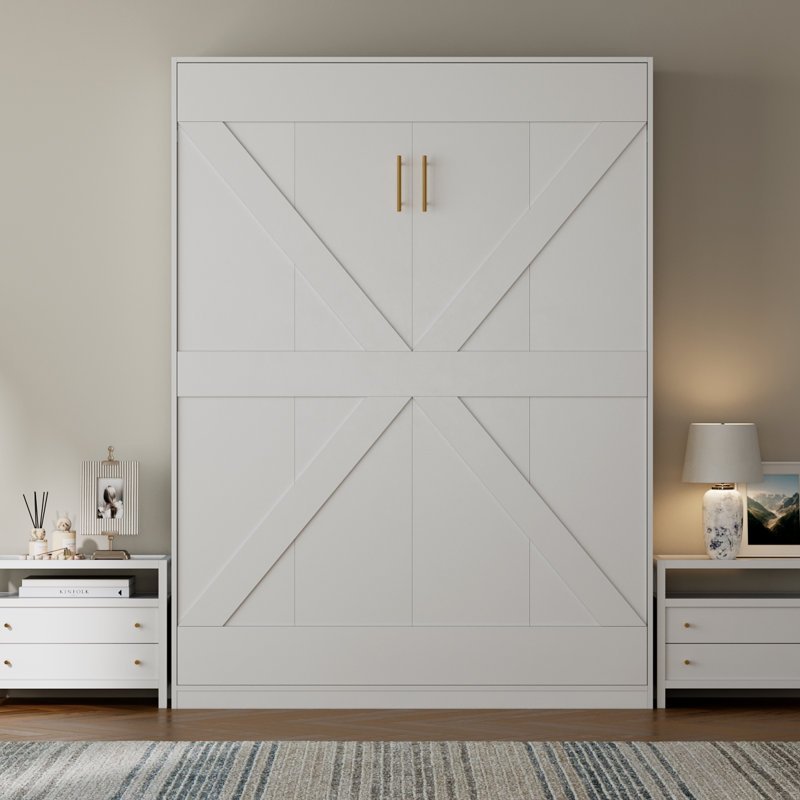 Lit escamotable Queen avec sommier à lattes en bois, armoire de lit murale moderne avec porte à panneaux géométriques, cadre de lit pliable gain de place pour chambre à coucher et chambre d'amis