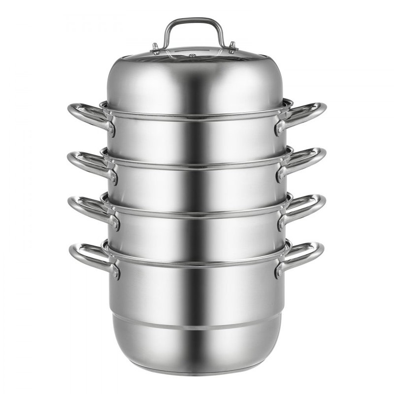 Cuiseur à vapeur à 5 niveaux en acier inoxydable, casserole à cuisson multicouche de 11 po avec poignées des deux côtés, fonctionne au gaz, électrique, plaque de cuisson pour barbecue, diamètre 28 cm, argent