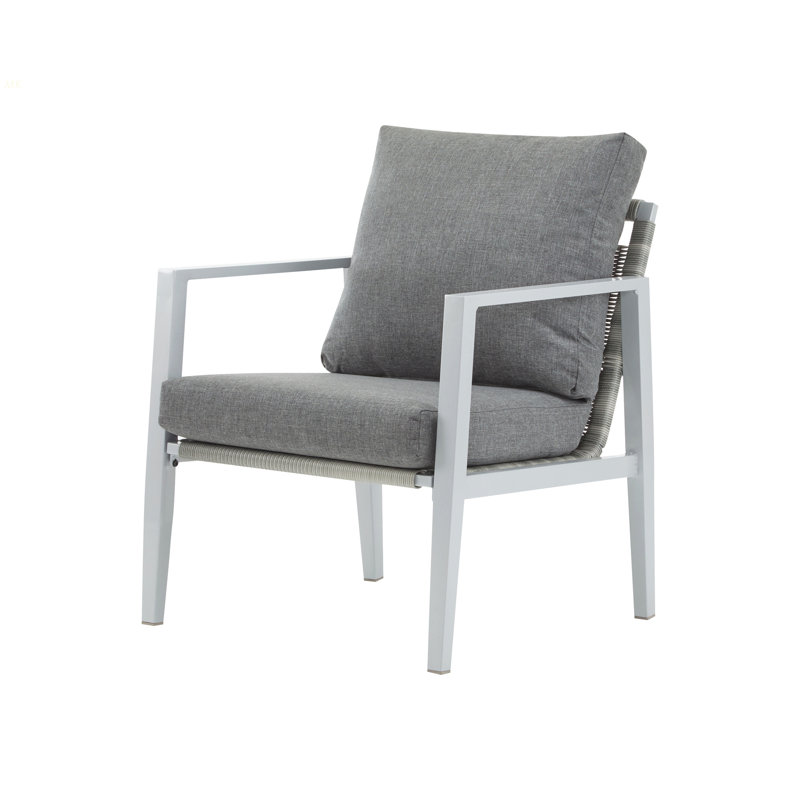 Silver Aluminum Lounge Chair With Sleek Rope Accents And Comfortable Cushions, Perfect For Modern Outdoor And Indoor Spaces