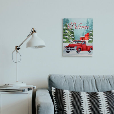 «Winter Welcome Sign Red Truck Snow Barn» par Sheri Hart - impression d'art graphique