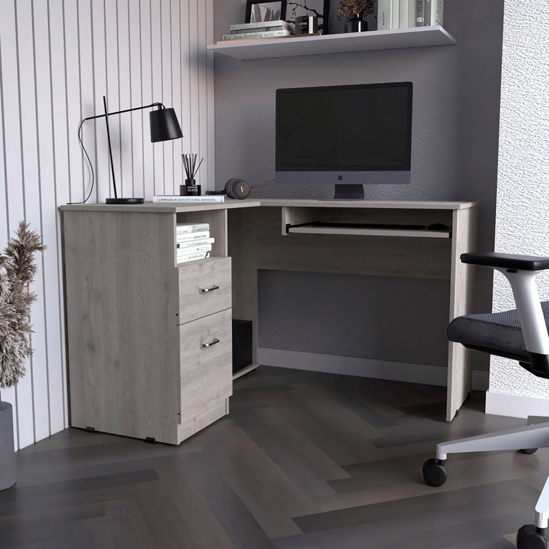Bureau en L, plateau à clavier, deux tiroirs, une tablette ouverte, Chêne gris, H 30,4 po x l 47,24 po x P 41,3 po
