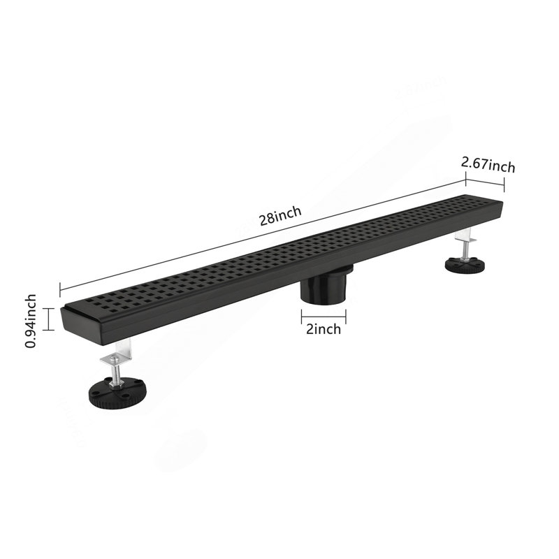 28 Inches Linear Shower Drain, Included Hair Strainer And Leveling Feet, Matt Black