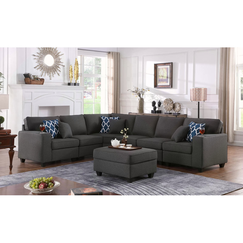 Canapé modulaire réversible en L avec repose-pieds et porte-gobelet Cooper, Lin gris foncé