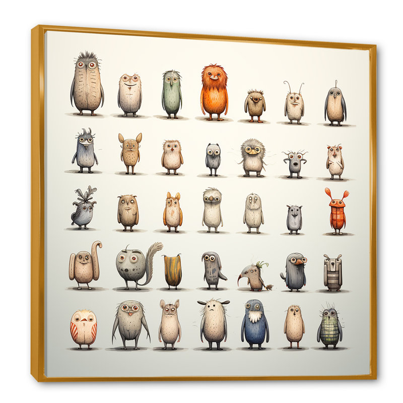 «Gray Childrens Monsters Nursery Motif I», reproduction d'art murale animaux, Cadre flottant doré, H 16 po x l 16 po x P 1 po