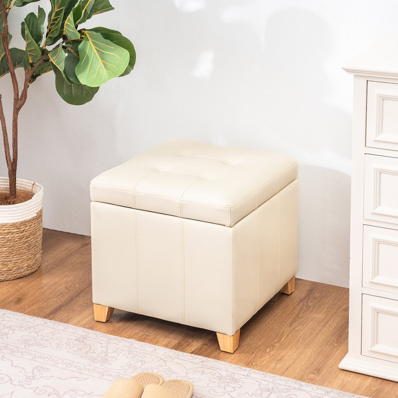 Repose-pieds carré avec rangement capitonné 17,5 po, Similicuir blanc cassé, Natural Wood