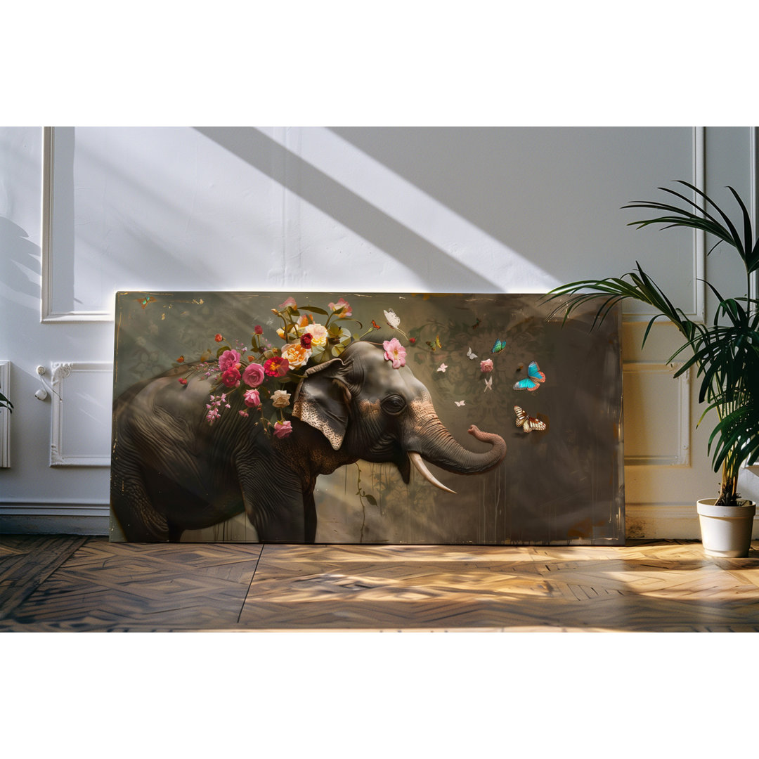 Wandbild 120x60cm Kleiner asiatischer Elefant Blumen Schmetterlinge Kunstvoll