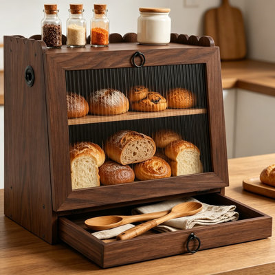 Wooden Double Layer Bread Box for Kitchen Countertop, Large Capacity Bread Storage Container with Drawer, Acrylic Viewing Door, Vent Holes, Magnetic Closure, Rustic Farmhouse Food Organizer