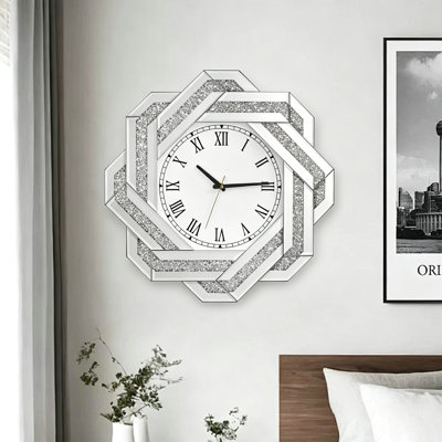 20" Silver Mirrored Wall Clock, Crushed Diamond 8-Pointed Star Wall Clock with Roman Numerals, Beveled Glass Decor Clock