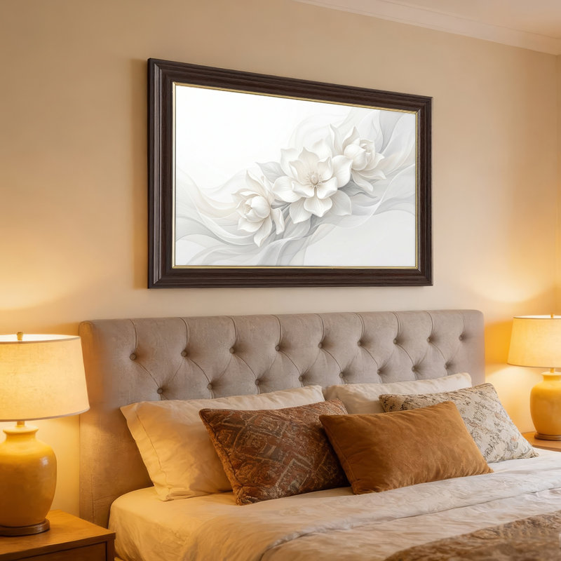 Art mural antique sur toile encadré doré pour le salon, la chambre à coucher, le bureau ou le vestibule - Décoration murale décorative avec fleurs blanches
