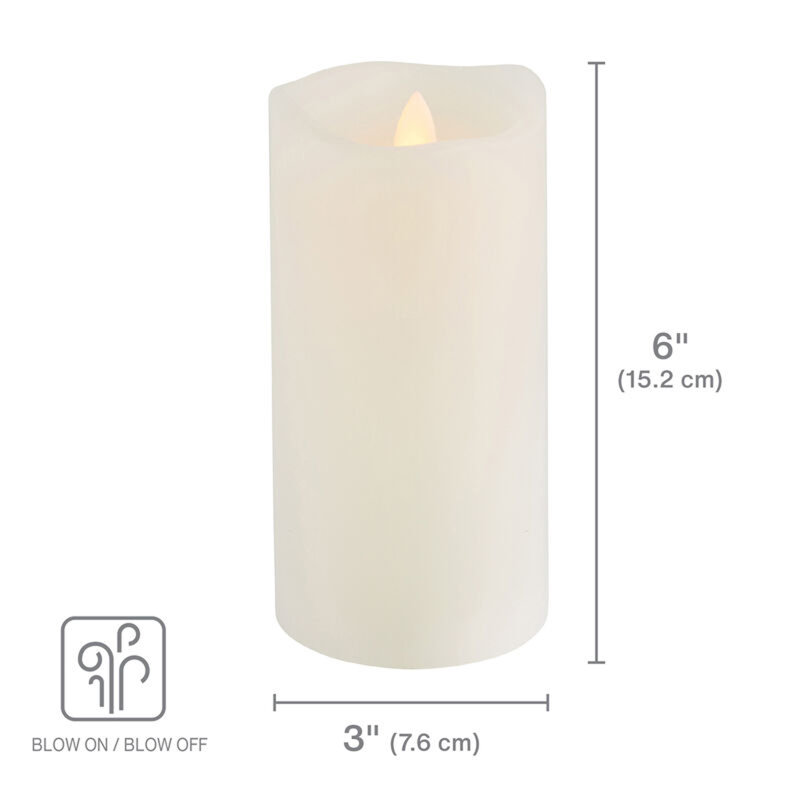 Realistic LED Flame Technology Candle Pillar with Blow Out Feature, 3x6 Inch, White