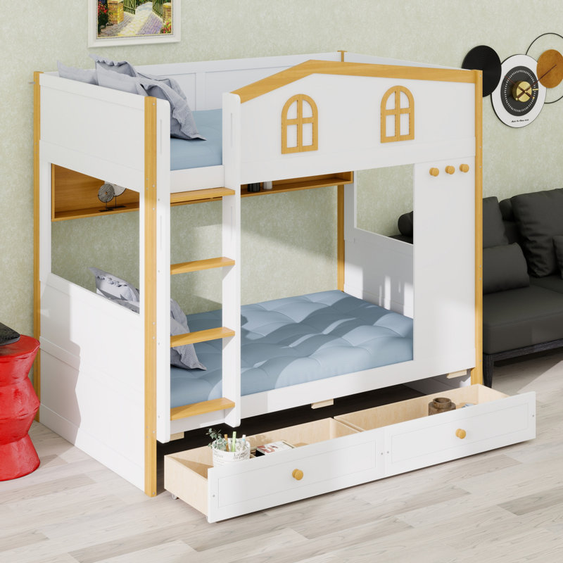House Guardrail Bunk Bed Featuring Storage Shelves and Drawers, Twin over Twin