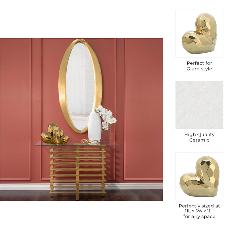 Metallic Ceramic Heart Sculpture Decorative Object for Home Decor - Modern Figurine Accent and Indoor Statues, Chic Decorations for Living Room