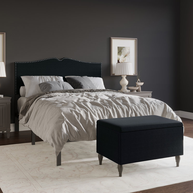 Koden Upholstered Panel Bed With Storage Bench, Full, Charcoal Grey