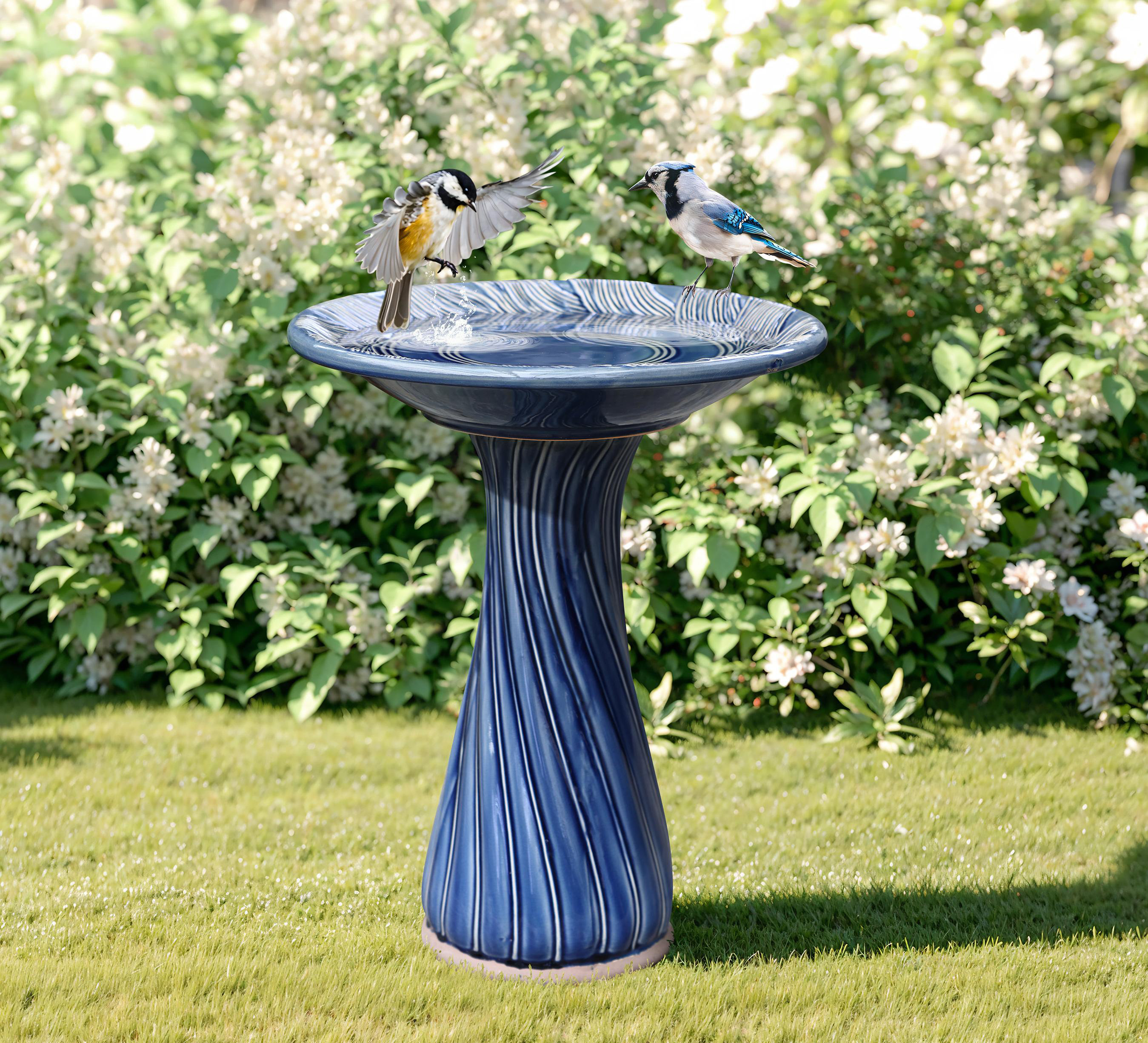 Red Barrel Studio® Blue Leaves and Swirl 22-Inch Tall Ceramic Birdbath & Reviews | Wayfair