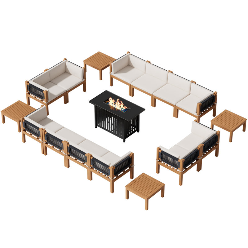 Ensemble de conversation d'extérieur en bois d'acacia pour patio avec table, coussin, poêle, meubles de véranda pour terrasse, balcon, cour