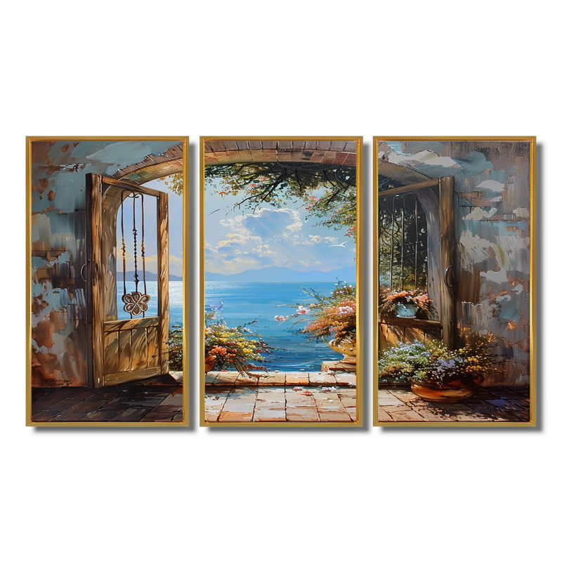 Rosenfeld - Ensemble d'art mural fenêtres côtières, Cadre flottant doré, H 28 po x l 36 po x P 1 po