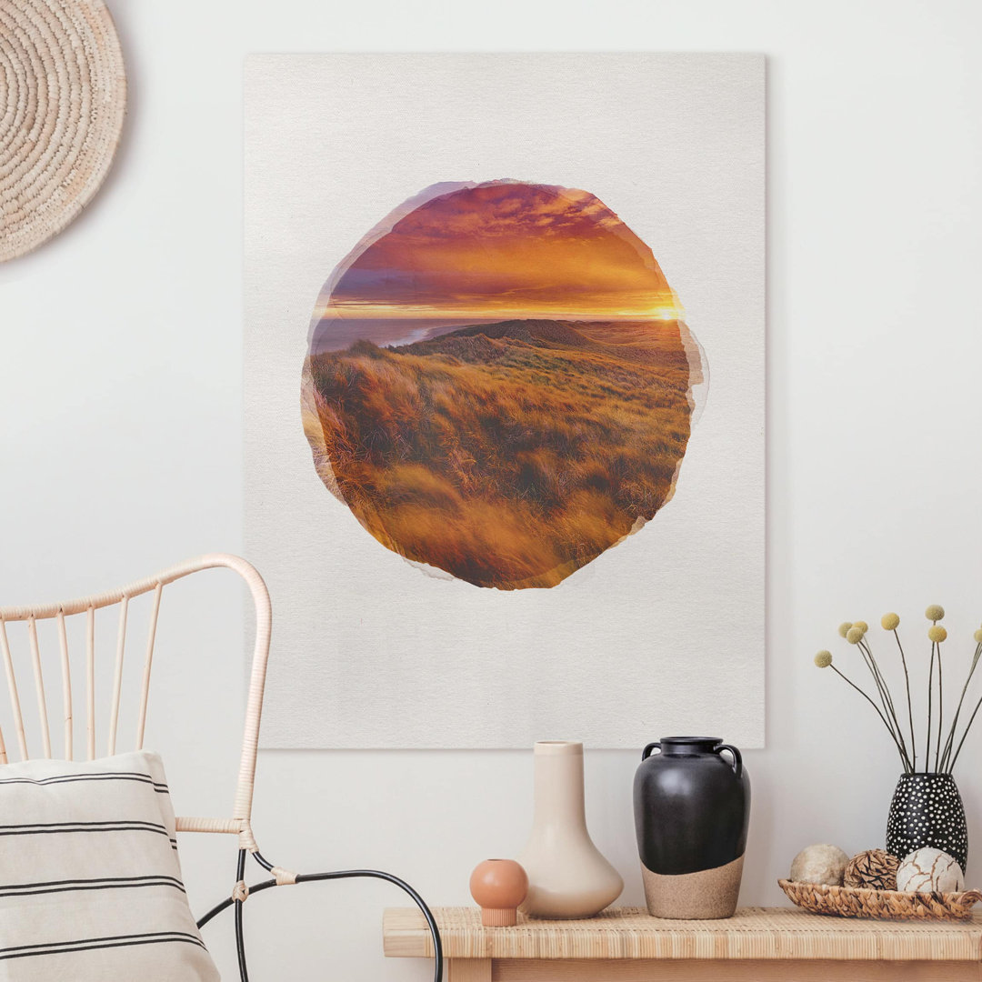 Leinwandbild - Wasserfarben - Sonnenaufgang Am Strand Auf Sylt