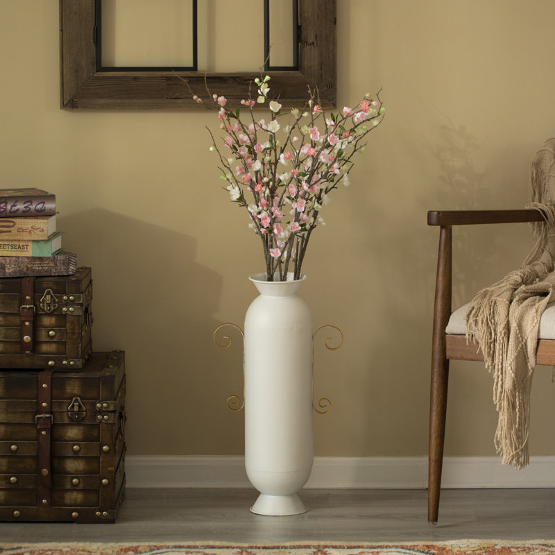 White Metal Floor Vase With 2 Gold Handles For Entryway, Living Room, or Dining Room