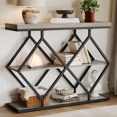 Farmhouse Narrow Entryway Console Table, 3-Tier Storage, Geometric Metal Legs