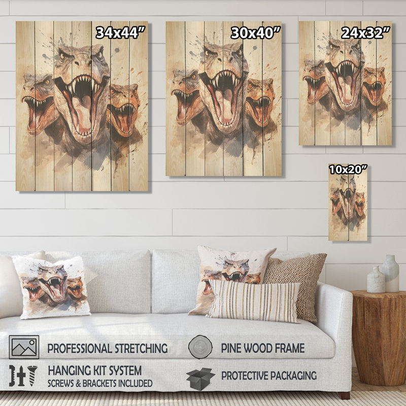 «Family of Velociraptor Dinosaurs Portrait» - dinosaure sur bois, H 40 po x l 30 po