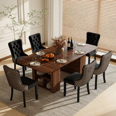 Rectangular Dining Table Set with 4-6 Velvet Upholstered Chairs and Storage, Modern Farmhouse Dining Room Table and Chair Set