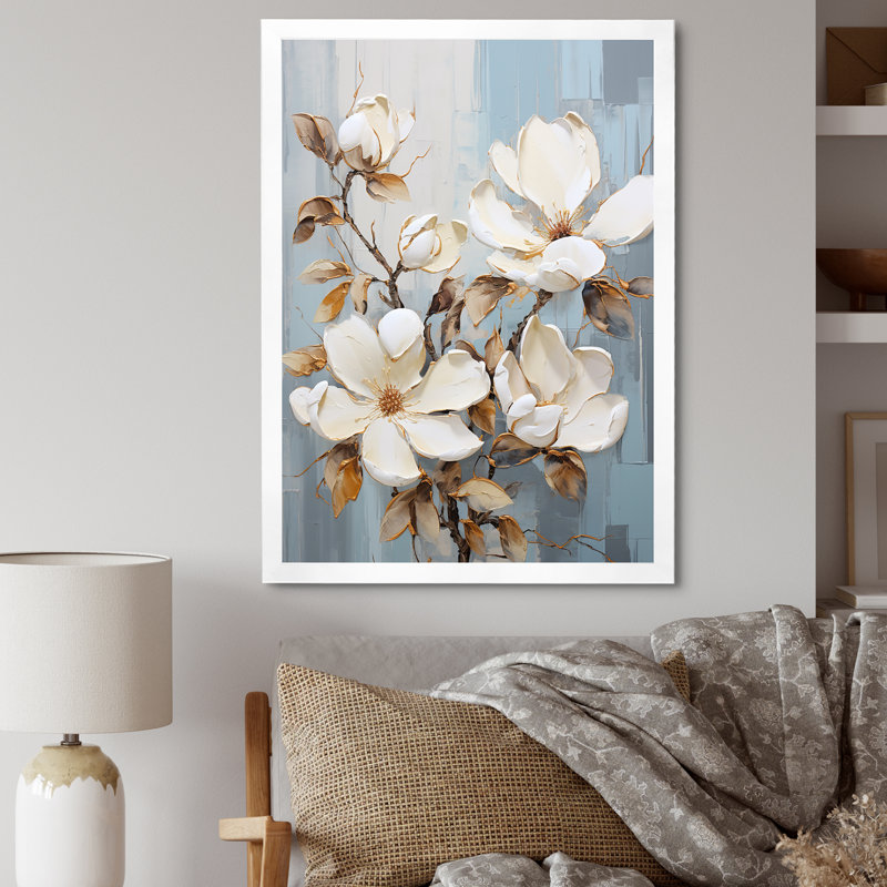 Minimalisme blanc et bleu Magnolias Florescence II sur toile, Cadre simple blanc, H 32 po x l 16 po x P 1 po