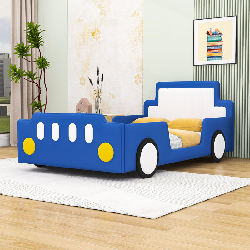 Lit plateforme simple en forme de voiture de course avec roues et lattes, Bleu