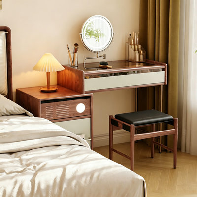 Coiffeuse de luxe en noyer clair de 80 cm (31,5 po) – Plateau en verre trempé avec miroir de maquillage DEL annulaire, intensité lumineuse réglable sur 3 niveaux, 3 tiroirs de rangement verrouillables, pieds robustes en bois massif épais, rangement pour bijoux compartimenté, bureau de maquillage pour chambre à coucher