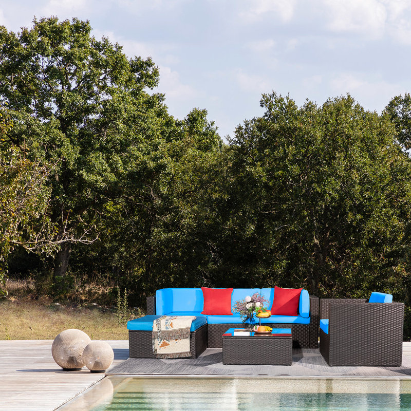 Ollison 5 - Person Patio Conversation Set with Cushions, Blue/Red