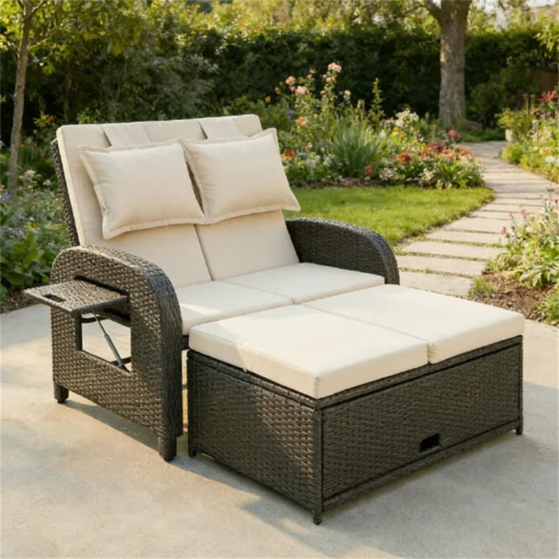 Méridienne d'extérieur en rotin PE convertible beige, dossier réglable avec repose-pieds de rangement et tables d'appoint, capacité de poids de 704 lb