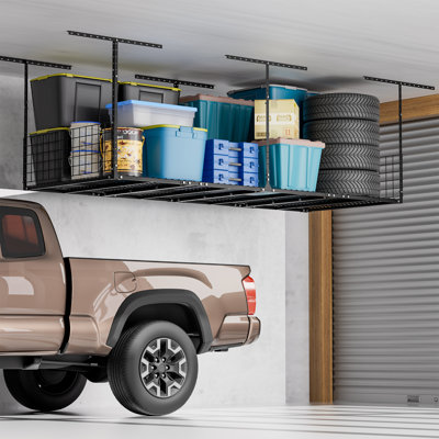 3x8 FT Heavy Duty Overhead Garage Storage Rack, Adjustable Ceiling Shelving System, Garage Organization Storage with Side Rails, 600LBS Capacity