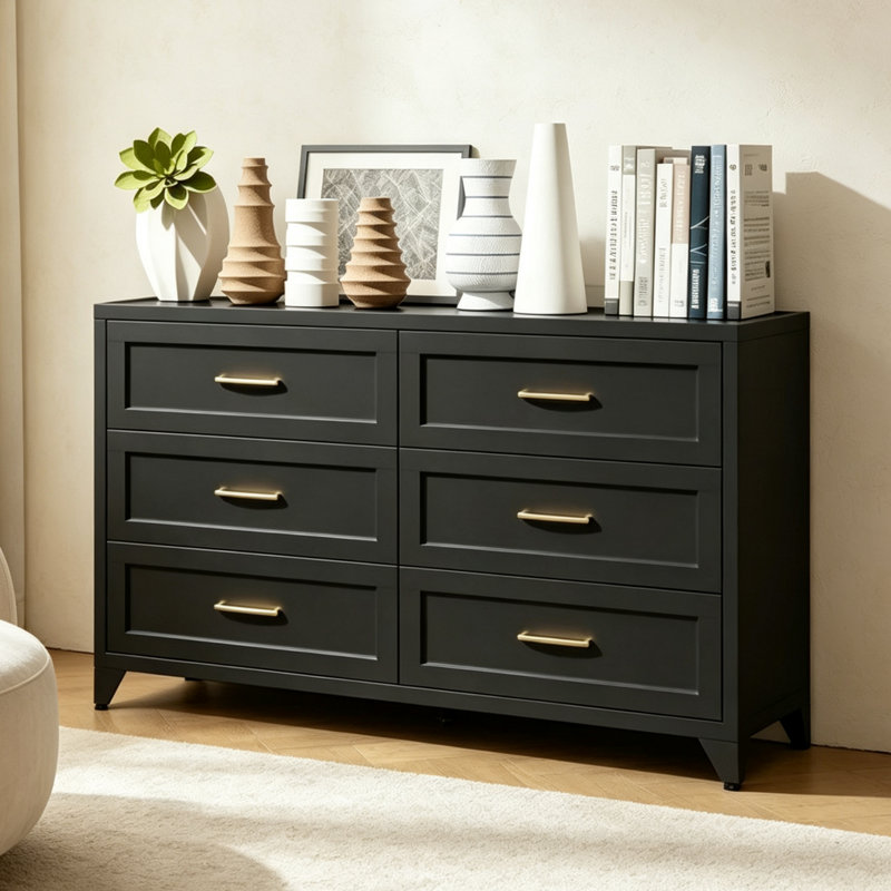 Commode à 6 tiroirs à profil bas Dresser, armoire en acier noir avec glissières silencieuses et sécurité anti-basculement, rangement en acier peu encombrant pour la chambre à coucher, le placard, le couloir et l'entrée