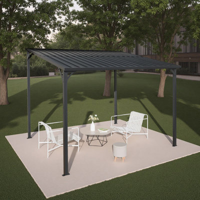 Pergola extérieure 2,4 m x 3 m, toit en métal en pente, abri mural étanche en tôle d'acier, belvédère