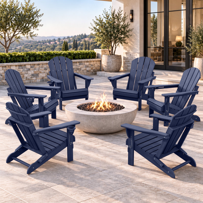 Ensemble de chaises pliantes 6 pièces Adirondack en PEHD avec texture d'aspect bois et porte-gobelets, Marine