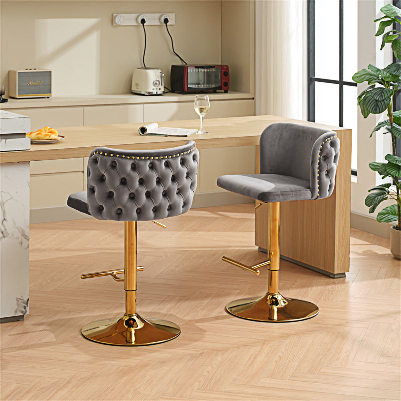wendeway ,Swivel Barstools Adjusatble Seat Height With Gold-plating Base, Classic Velvet Upholstered Bar Stools with the whole Back Tufted (Set of 2)