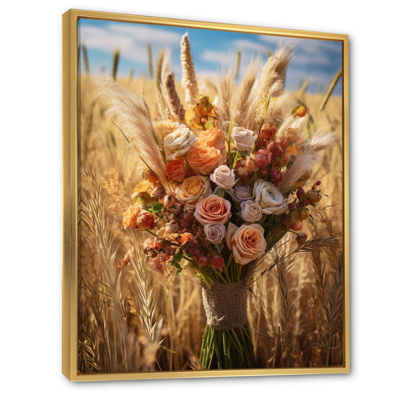 Assortiment de bouquet à la ferme I - reproduction sur toile, H 20 po x l 12 po x P 1 po, Cadre flottant doré