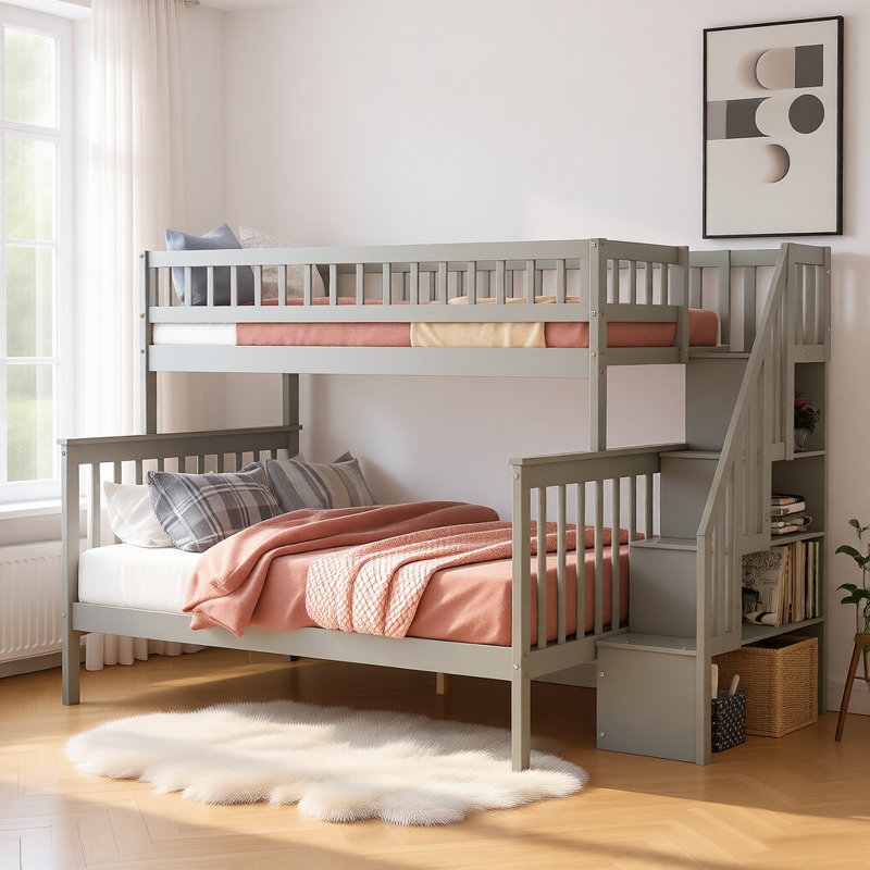 Lit superposé simple au dessus d'un escalier double avec rangement et tablettes, convertible en deux lits séparés, structure en bois massif