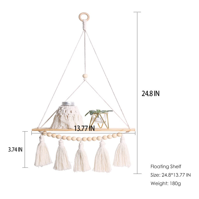 Tablette murale Macrame, ensemble de 2 tablettes en bois Boho, pampille blanche