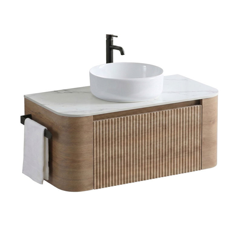 Meuble-lavabo flottant 36 po avec lavabo vasque et porte-serviettes 36 po, Blanc neige, Honey Oak
