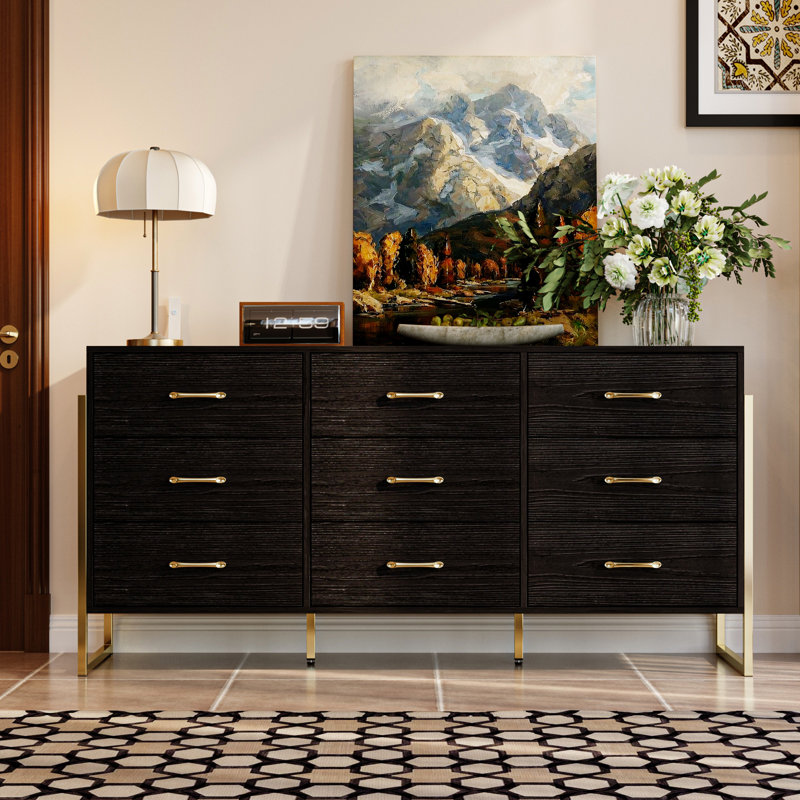 61.4"W Modern 9-Drawer Dresser With Gold Metal Accents