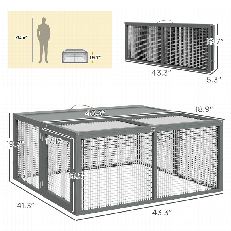 Cage à lapin rabattable en bois avec couvercle ouvert pour 2-3 lapins, petits animaux, cage de cochon d'Inde pour l'extérieur, jardin - gris